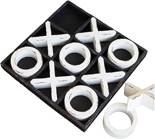 MY SWANKY HOME Rustic 10 Piece Painted Wood Tic Tac Toe Game Family Tabletop Set Black Tray