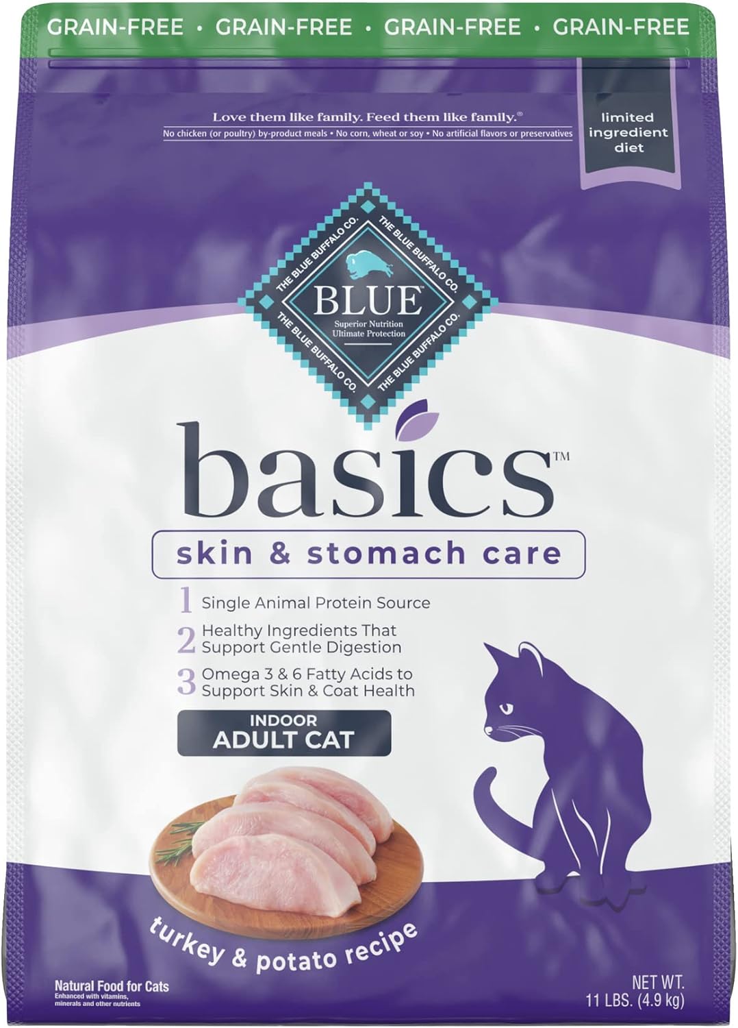 Blue Buffalo Basics Skin & Stomach Care Grain Free, Natural Indoor Adult Dry Cat Food, Turkey & Potato 11-lb : Dry Pet Food : Pet Supplies