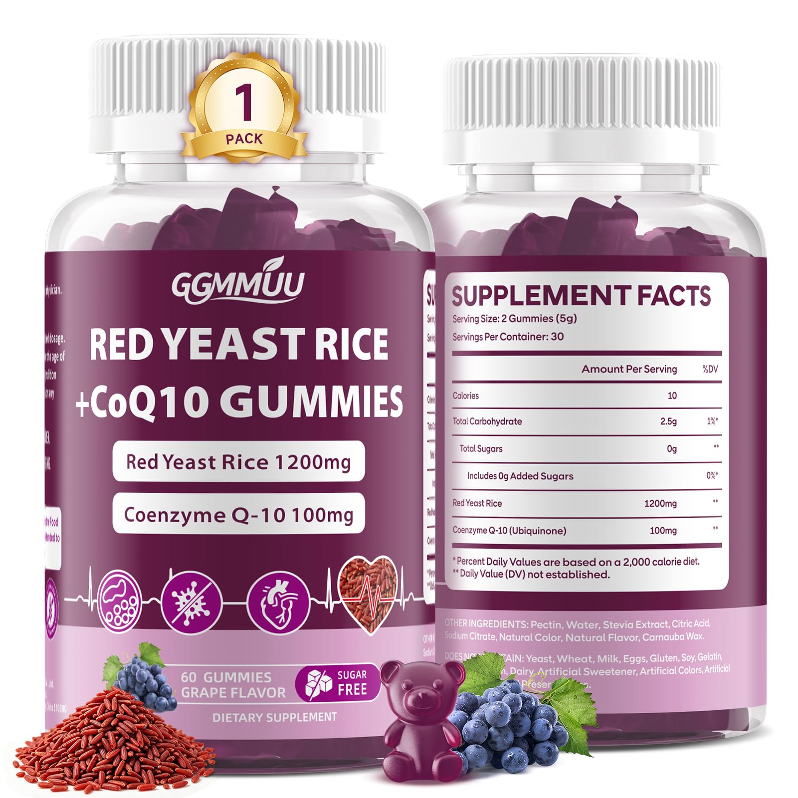 Red Yeast Rice with CoQ10 Gummies 1200mg, Sugar Free, 60 Count