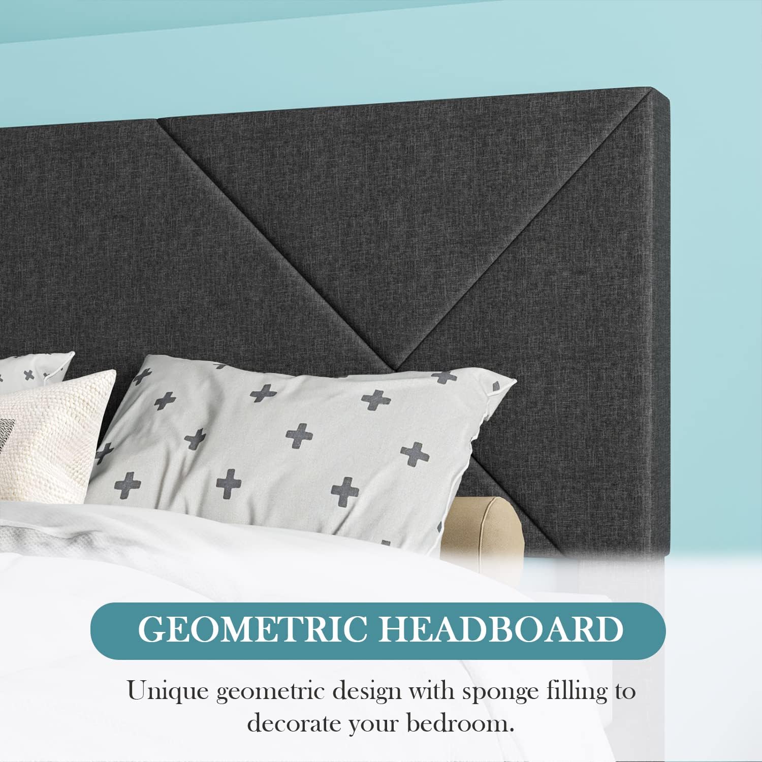 HOOMIC King Bed Frame, Upholstered Platform Bed with Geometric Fabric Headboard, 8'' Under-Bed Storage Space, Wooden Slats Support, No Box Spring Needed, Grey