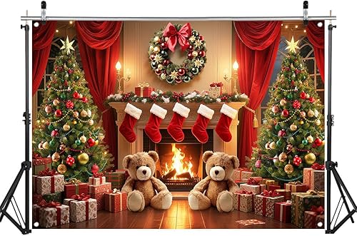 Miniatura 2 de WOLADA Decoración de chimenea de Navidad de tela, telón de fondo de fotos, corona, velas de árbol de Navidad, calcetines para chimenea, ambiente