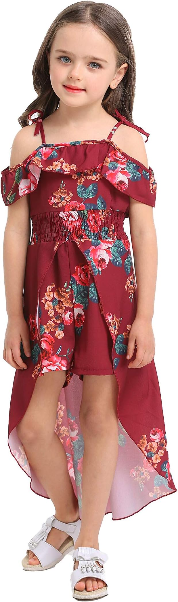 Kids Girls Summer Sling Sweet Floral Dress Elegant Girl Princess Ruffles Irregular Culotte Dresses 3-8 Year