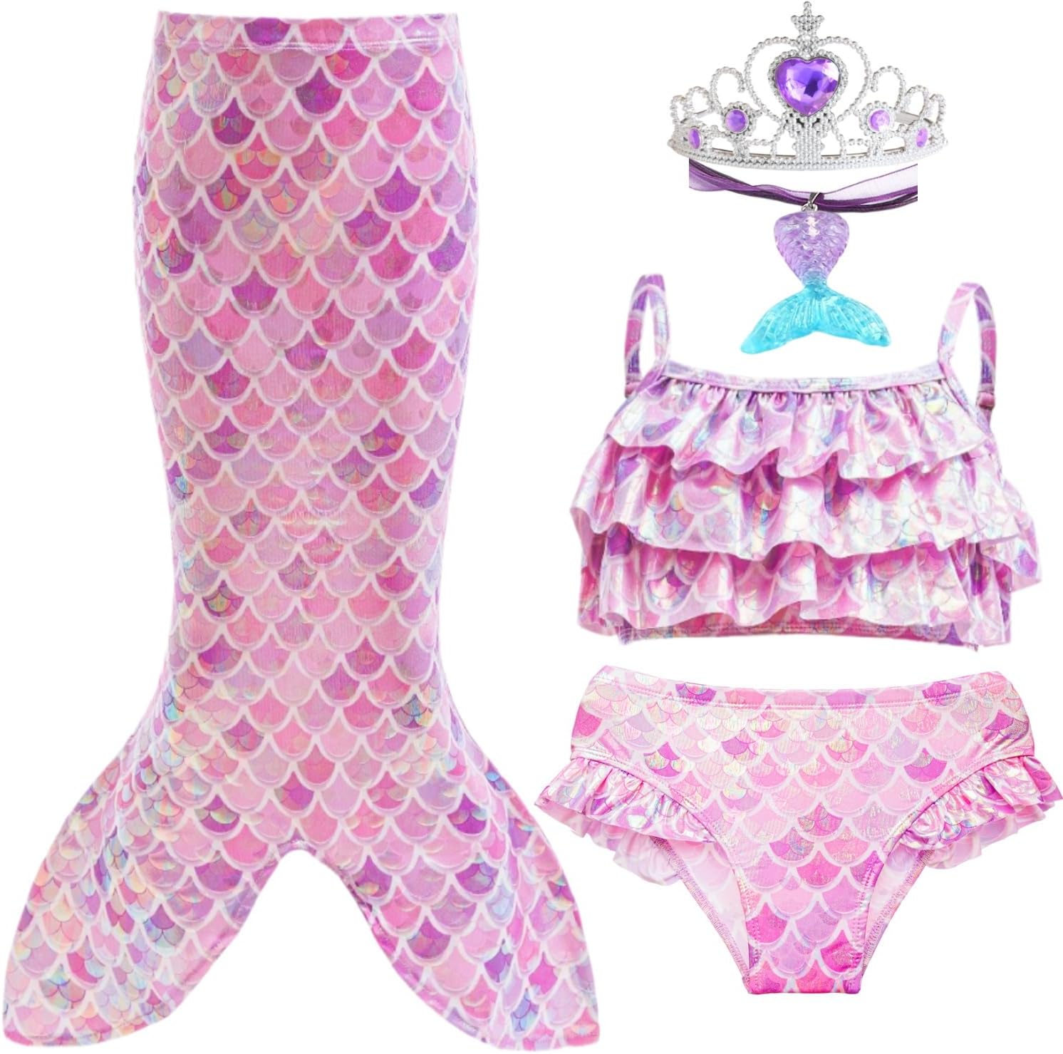 Mermaid Tail Swimsuit Set for Girls 4 PCS Beach Bikini Princess Birthday Party Costume Swimwear