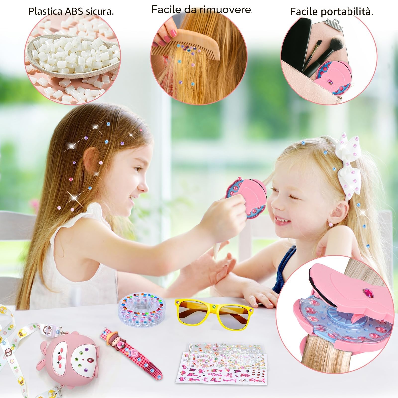 SEMKOTREE Brillantini per Capelli, Accessori Capelli Applicatore Strass con 420 Adesivi, Glitter Capelli Accessori per Capelli, Macchina Brillantini con Pinzette
