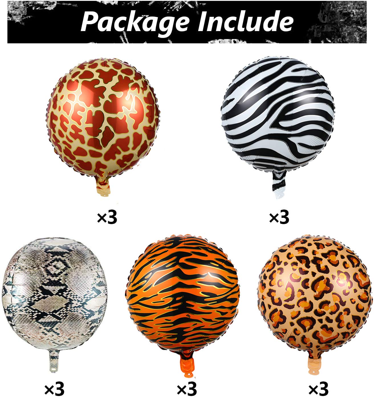Safari Tier Print Folienballons 18 Zoll, 5 Stück - Tiger, Zebra, Giraffe, Leopard, Python Für Dschungel-Party