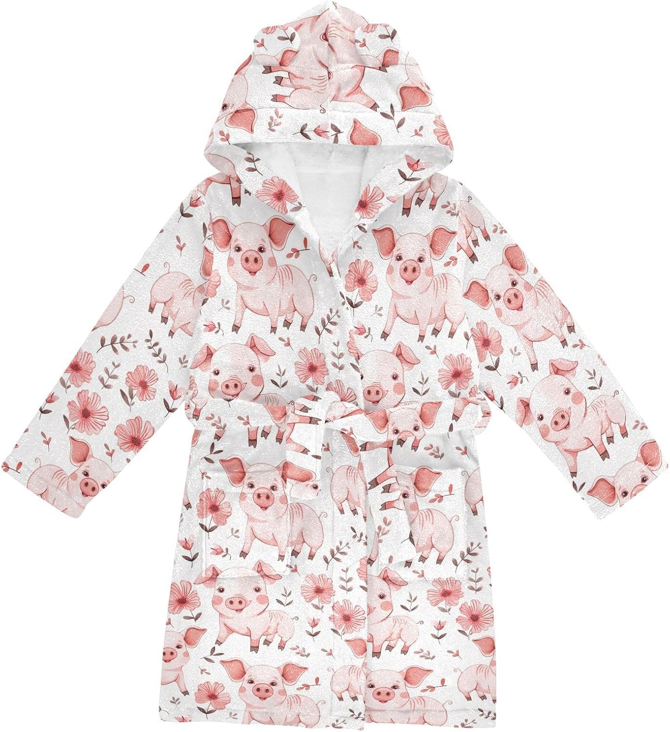senya Pink Flower Pig Toddler Hooded Bathrobe Kids Soft Plush Bath Towel Robes for Boys Girls 2-12 Years