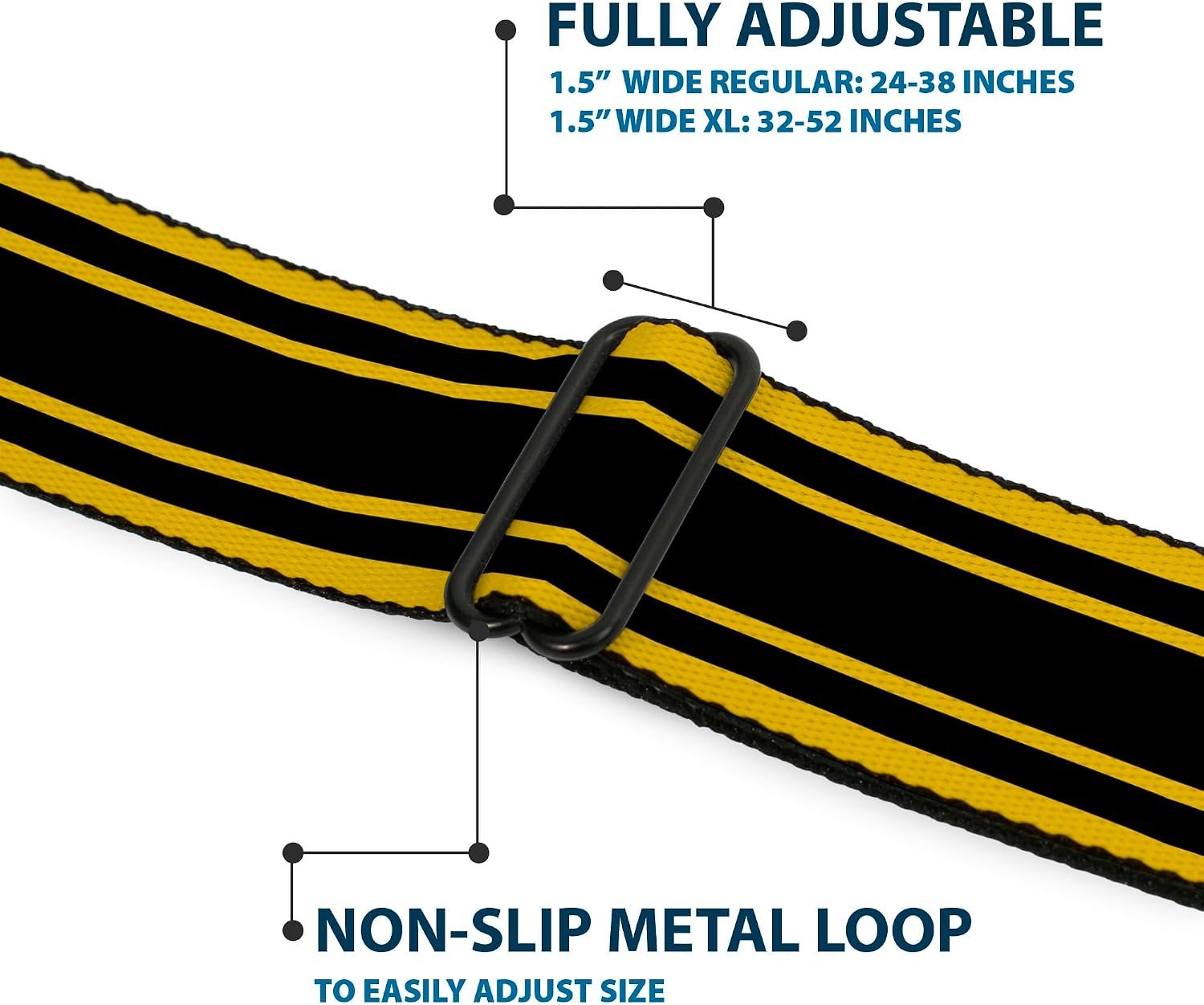 Buckle-Down Seatbelt Belt - SUPER BEE Logo/Stripes Black/Yellow/White - 1.5" Wide - 24-38 Inches in Length