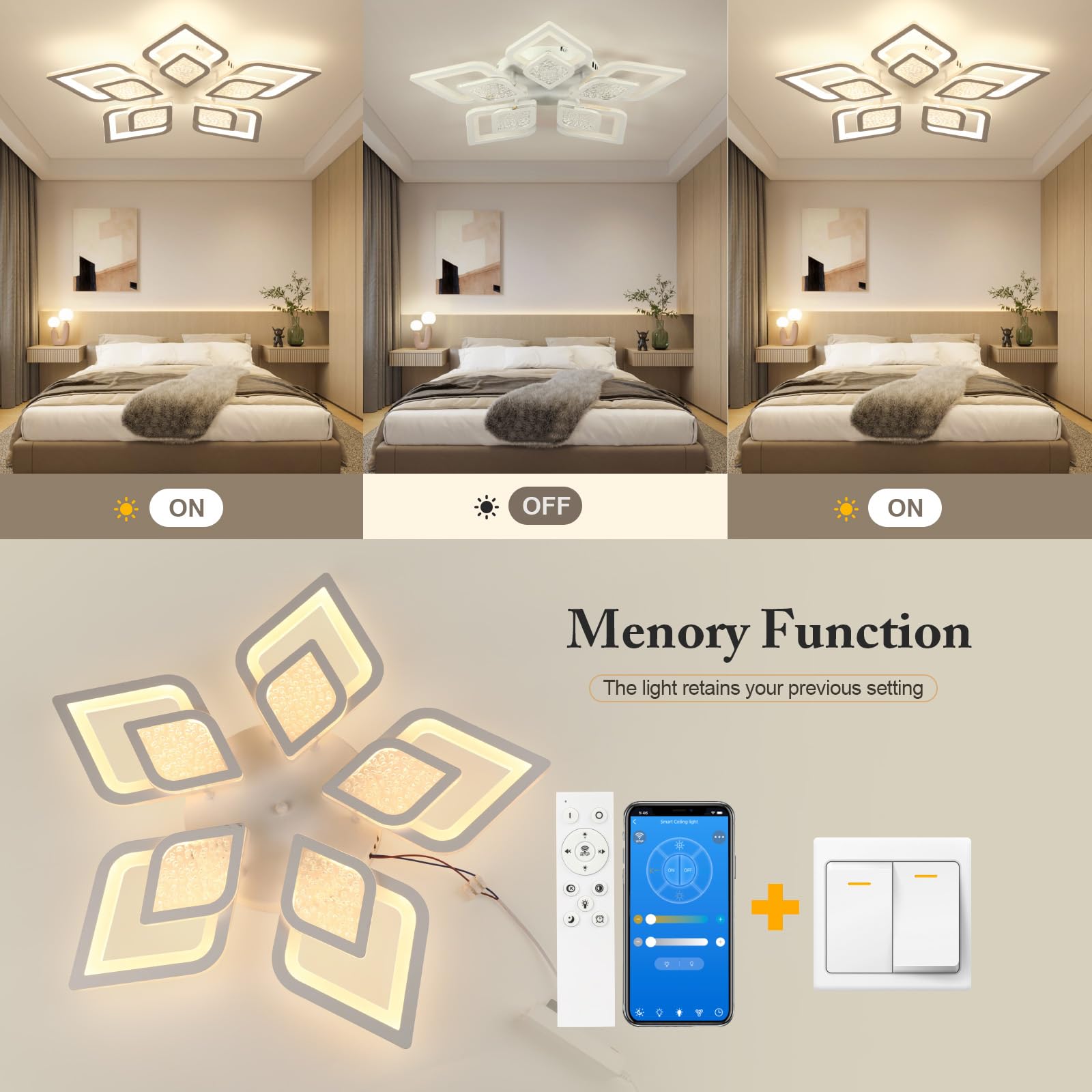 EASY EAGLE Lampara Techo Regulable: Plafon Led Techo Moderno con Mando a Distancia y APP 3000K-6500K, Luz de Techo para Salon Dormitorio Moderno, 48W 4800LM 61CM