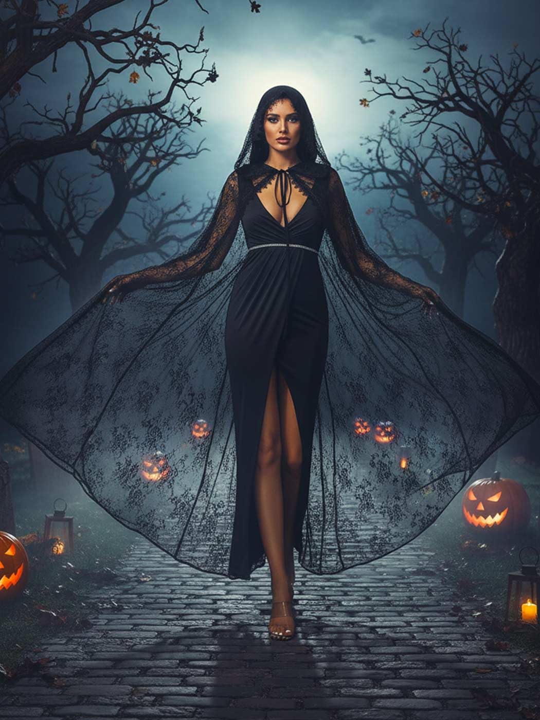 EASEDAILY Lace Hooded Cloak Black Long Cape Gothic Halloween Costume Cosplay Party Witch Robe for Women and Girls