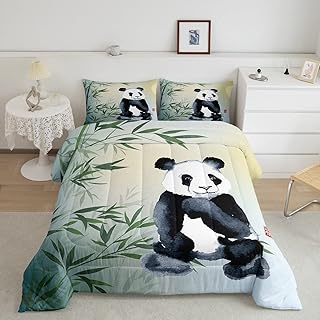 Manfei Kids Cute Panda Comforter Set Full Size, Cartoon Animal Theme Quilt Set with 2 Pillowcases, Green Bamboo Print Bedding Set 3pcs for Boys Girls Bedroom Decor, Lovely Panda Duvet Set