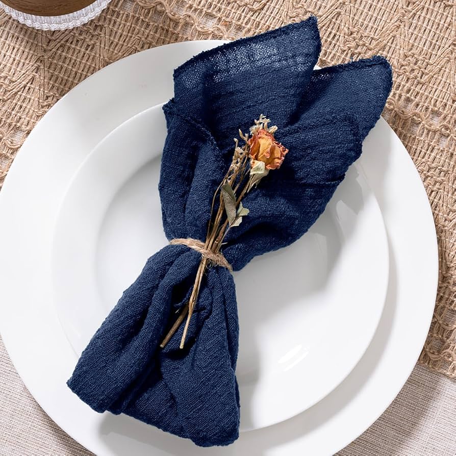 Blue Needles Set Di 12 Tovaglioli In Lino Di Cotone Blu Navy, Orlo A Giorno, 45x45 Cm, Morbidi, Lavabili, Per Cene E Eventi