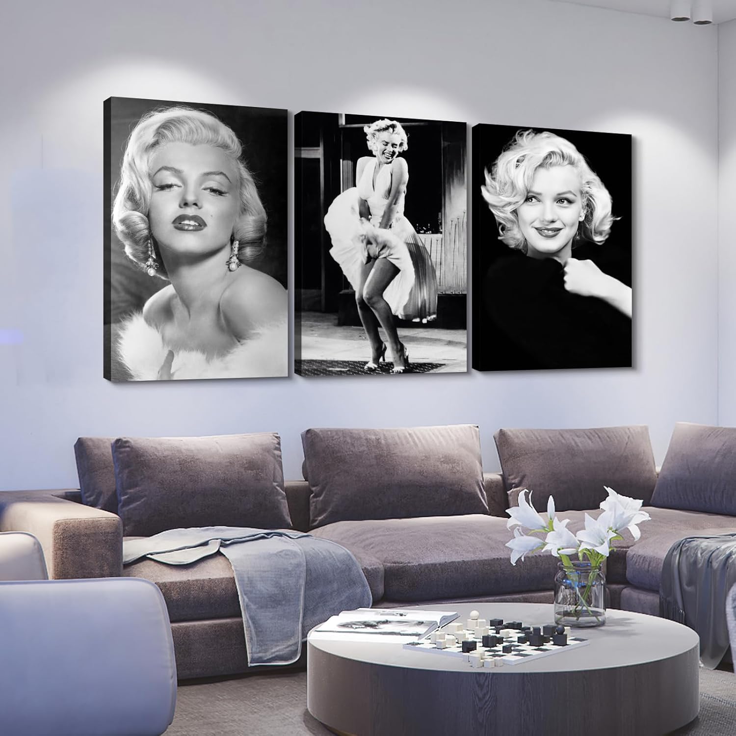 CanvasGarden - 3 Pieces Marilyn Monroe Canvas Wall Art Idol Art Decor Black and White Portrait Picture Vintage Poster Paintings Print, Canvas Wall Art for Living Room Bedroom Office, 12"x16"x3 Panels