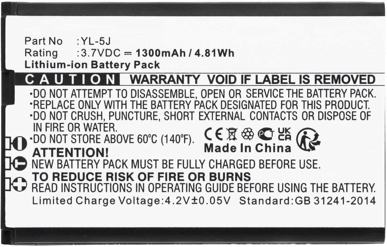 Battery for Cordless Phone 4.81Wh Li-ion 3.7V 1300mAh, YL-5J (4.81Wh Li-ion 3.7V 1300mAh Black for Yealink Cordless Phone One Talk IP DECT, W56H, W56h/p, W56P, W60P)