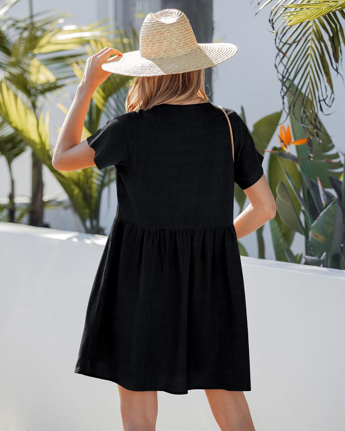 GRAPENT Linen Dresses for Women Casual Summer Babydoll Button Down Short Sleeve V Neck Above Knee Dress with Pockets image 3