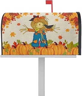 Mailbox Cover Magnetic Scarecrow Fall Orange Maple Leaves Mailbox Covers Standard Size 21x18in,Mailbox Covers Wrap Post Letter Box Cover for Garden Yard Outdoor Decor Thanksgiving Pumpkin Retro Linen