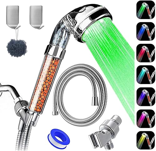 APzek Cabezal de ducha LED con manguera y soporte de brazo de ducha, cabezal de ducha de mano de alta presión con filtro de ahorro de agua que
