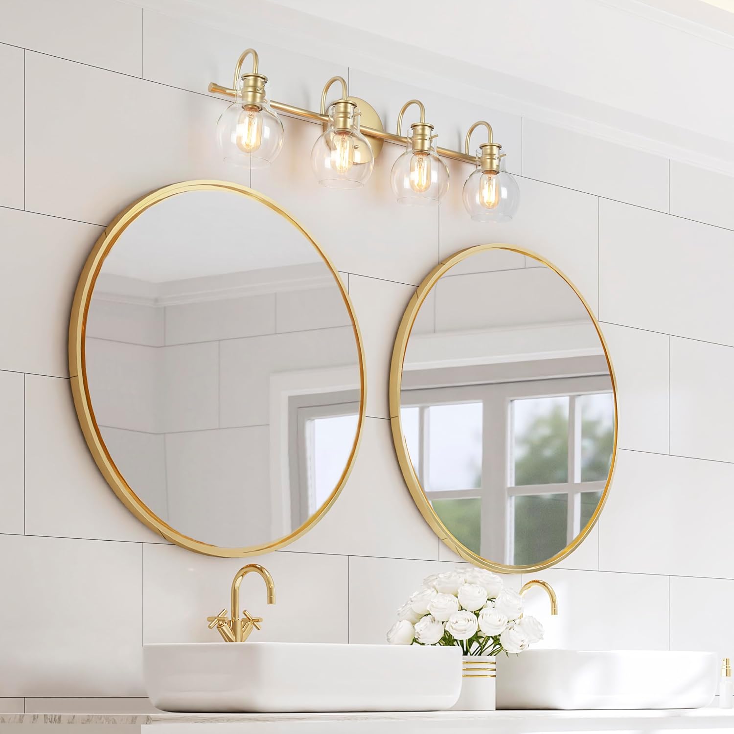 LALUZ Bathroom Light Fixtures, 4-Light Gold Bathroom Vanity Light with Globe Clear Glass, Modern Vanity Lights for Bathroom, Powder Room