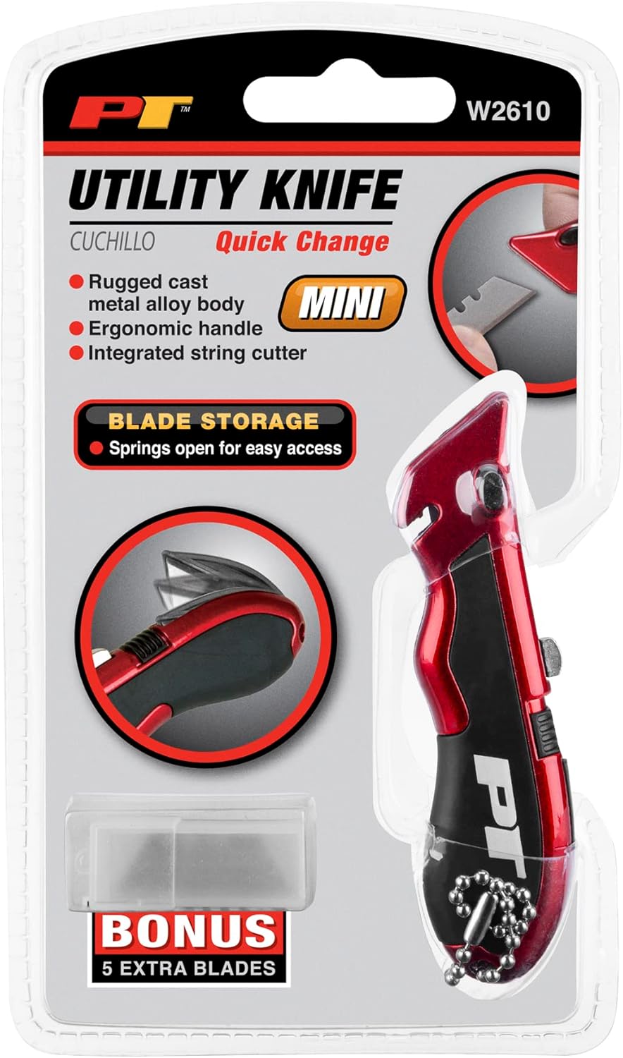 Performance Tool W2610 Multi-Blade Folding Utility Knife with Integrated String Cutter and Key Chain - 5 Extra Blades Included