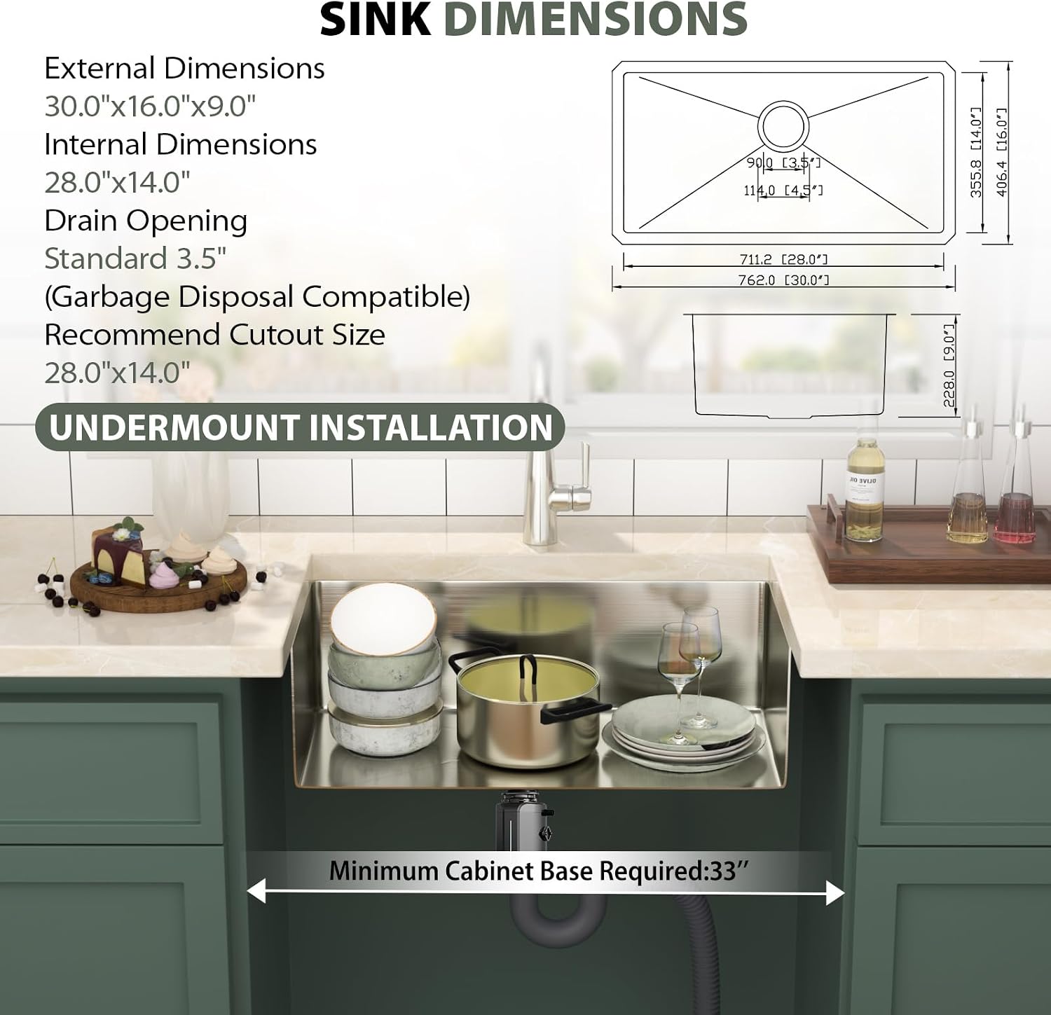 Mocoloo 30 Inch Undermount Kitchen Sink - 30" x 16" T304 Stainless Steel Handmade Single Bowl Round Corner Under Counter 9" Deep Basin
