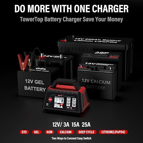 Miniatura 8 de TowerTop Cargador de batería Max Pro de 25 A Cargador inteligente de goteo completamente automático de 12 V, mantenedor de batería automotriz con