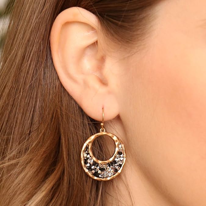 Glitter Rhinestone Statement Earrings - Sparkly Crystal Geometric Hexagon, Round Hoops, Vertical Bar, Teardrop Dangles, Shield Disc Drop