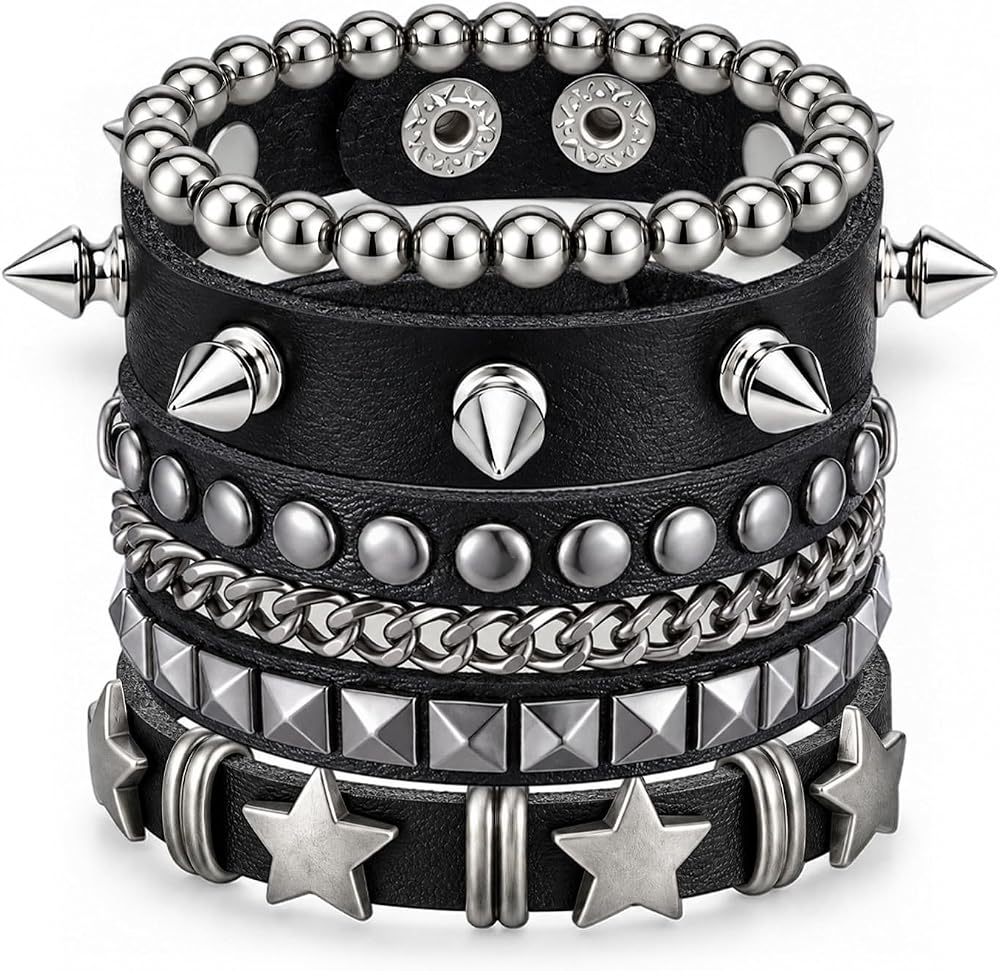 4 Pcs Star Punk Bracelets, Studded Bracelet Set for Men and Women — 사진 1