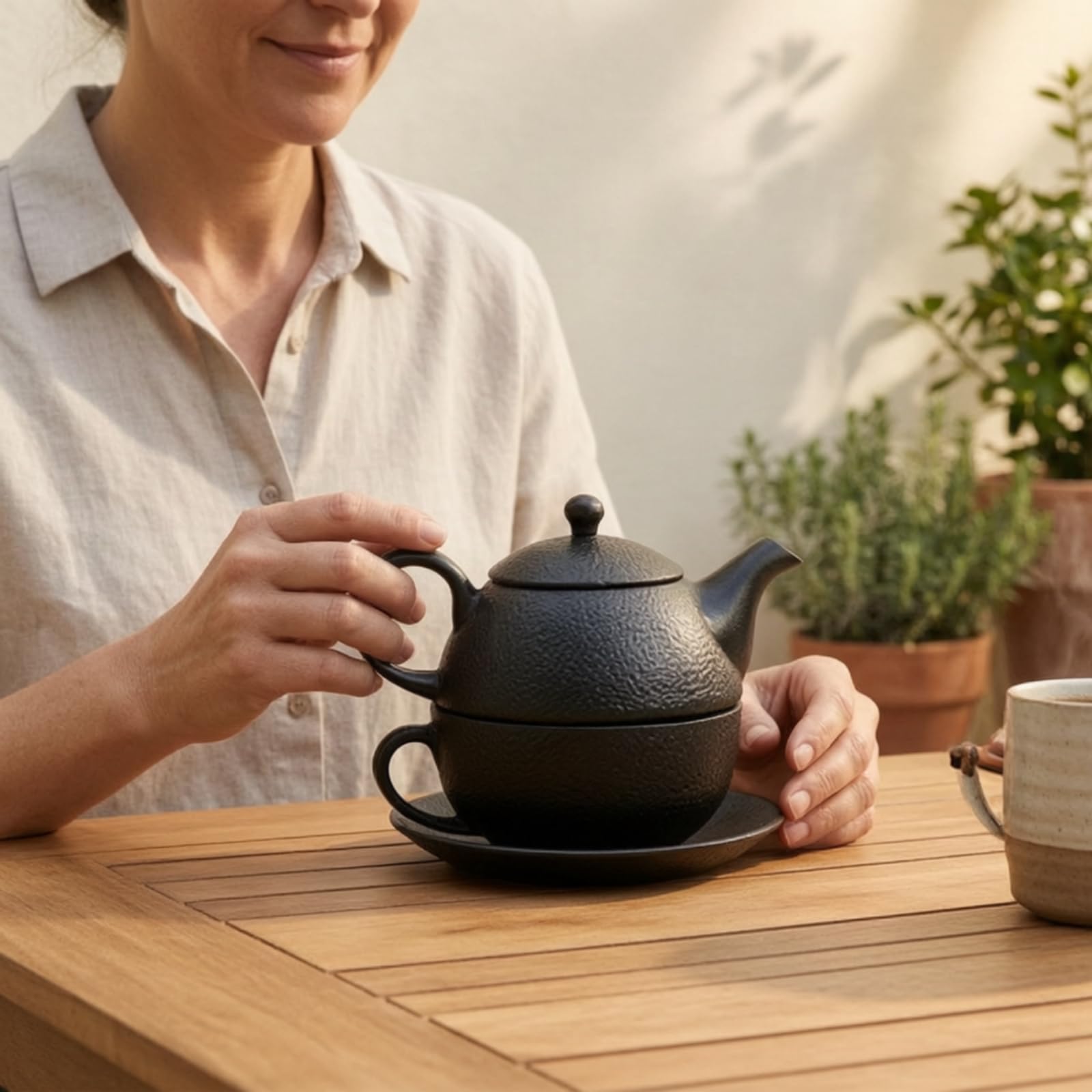 Colcolo Tetera Industrial Tetera de Hierro Fundido Jarra de Té con Asa Lateral Taza Plato Base Colador de Malla Integrado Acabado Martillado Adecuada para Oficina Hogar Regalo
