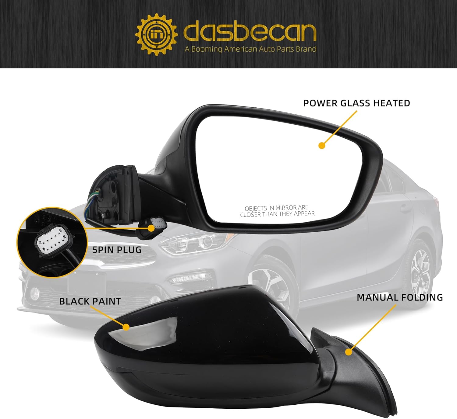 Dasbecan Passenger Side Mirror Black Compatible with 2013 2014 2015 Kia Forte Right Side Rear View Mirror With Manual Folding,Heated,Power Glass Replace# 87620A7200 KI1321181(5 Pins)