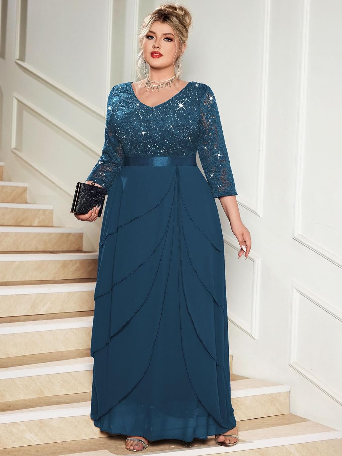 MISSMAY Women's Plus Size Sequins Lace Ruffle Tiered Layered Chiffon Formal Maxi Dress - Image 3