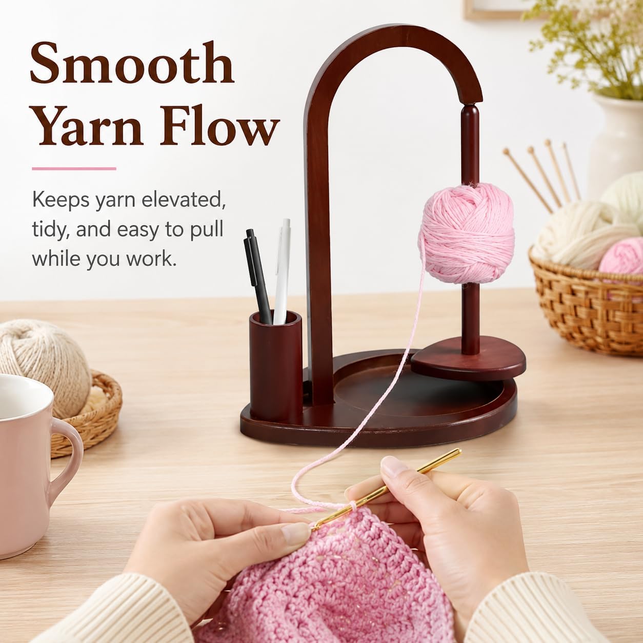 Wooden Yarn Spool Rack with Magnetic Yarn Ball Spinner – Knitting & Crochet Yarn Holder
