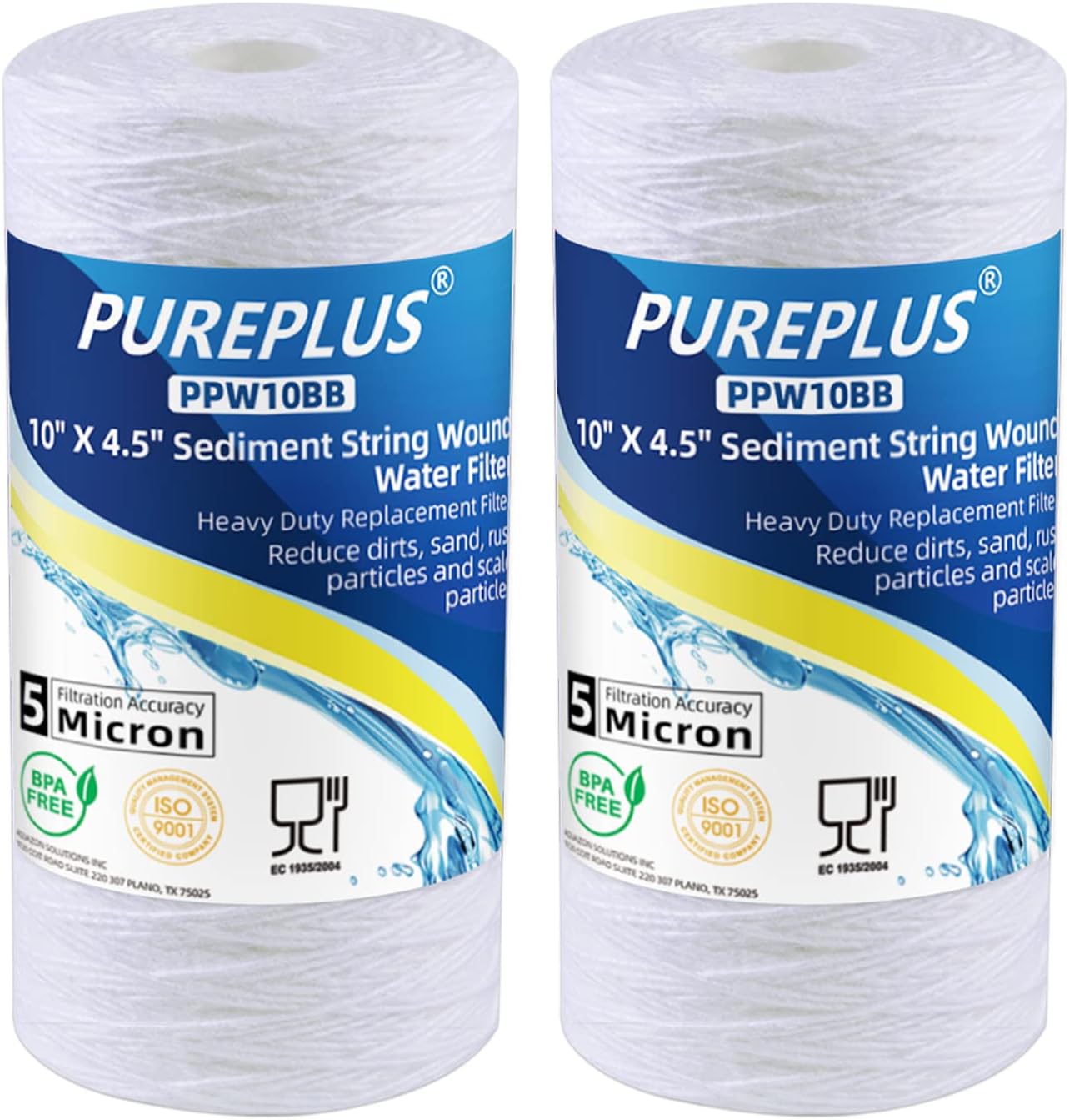 PUREPLUS 5 Micron 4.5" x 10" Whole House String Wound Sediment Filter for Well Water, Replacement Cartridge for 84637, WPX5BB97P, PC10, 355214-45, 355215-45, WP10BB97P, WP5BB97P, 2Pack