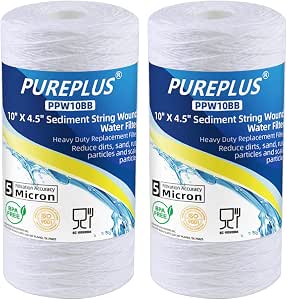 PUREPLUS 5 Micron 4.5" x 10" Whole House String Wound Sediment Filter for Well Water, Replacement Cartridge for 84637, WPX5BB97P, PC10, 355214-45, 355215-45, WP10BB97P, WP5BB97P, 2Pack