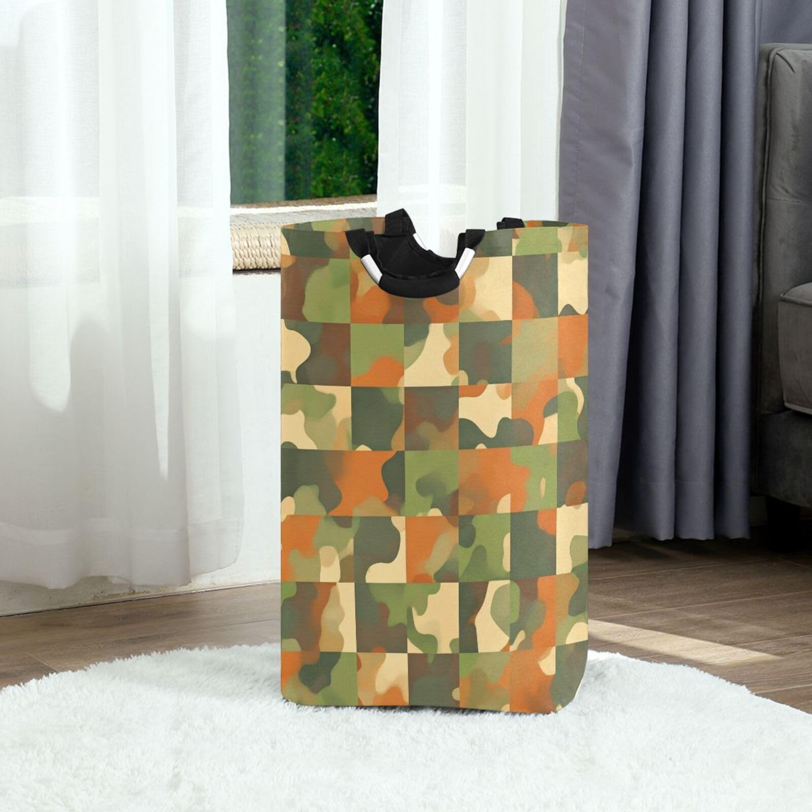Jihqo Laundry Hamper Basket Checkered Camouflage Green Collapsible Nursery Storage Bin Waterproof Clothing Baskets for Home Bedroom Bathroom Washing Room