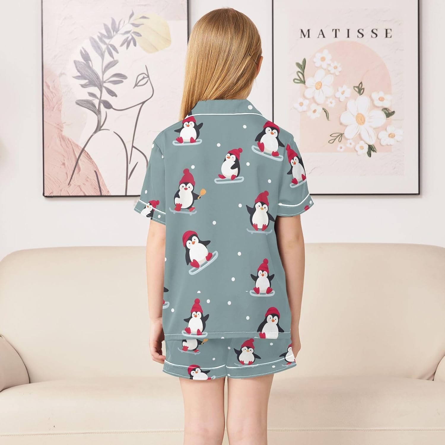 Kids Satin Wear Set Skiing Penguin Pattern Relaxed Fit Clothing Short Sleeve and Shorts