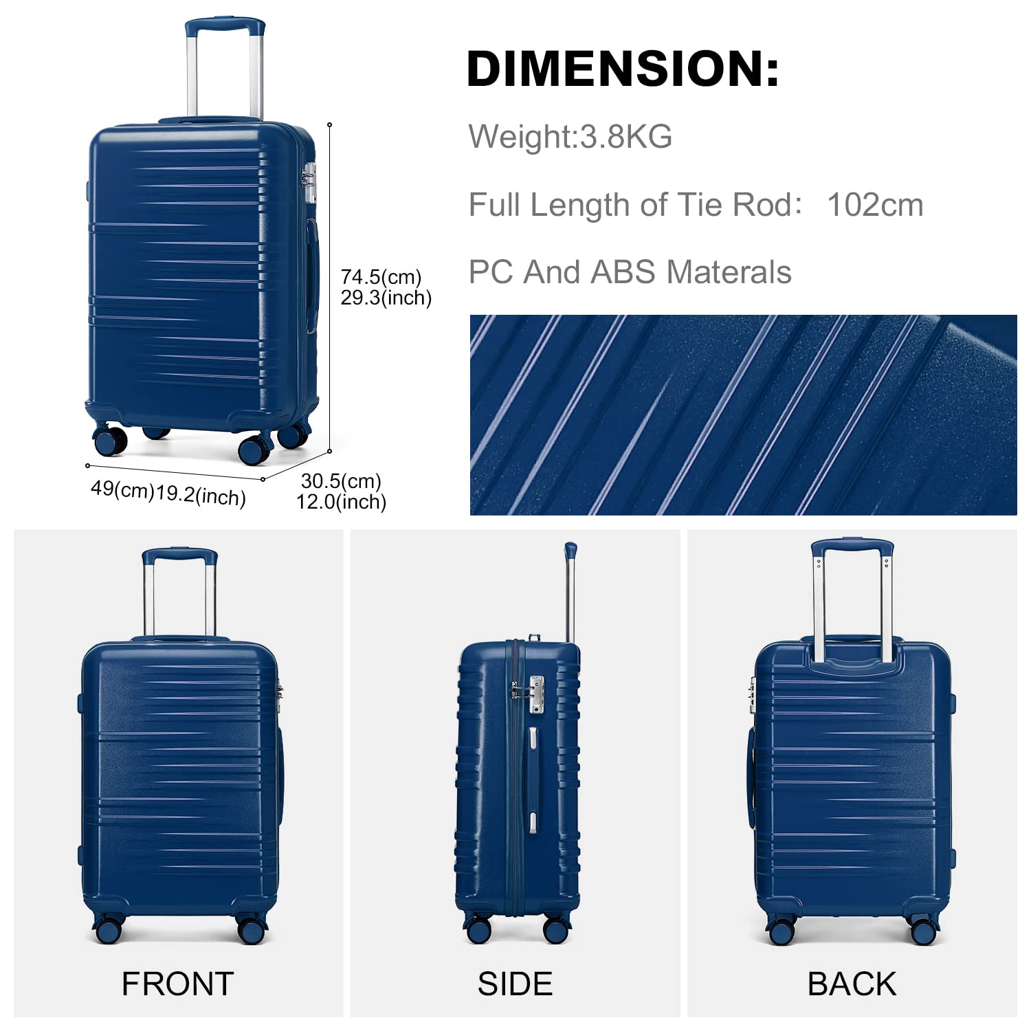 British Traveller Valigia Trolley Rigida Bagaglio a Mano da Viaggio ABS+PC Leggero con TSA Lucchetto (74,5cm,Blu)