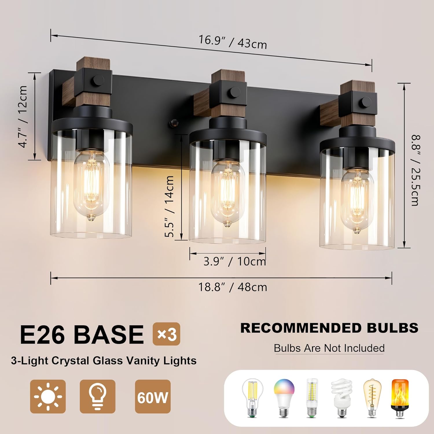 Farmhouse Vanity Light for Bathroom, Wood Bathroom Light Fixtures Over Mirror,3-Light Industrial Black Vanity Light with Clear Glass Shade for Bedroom Hallway Living Room (Black, 3-Light)