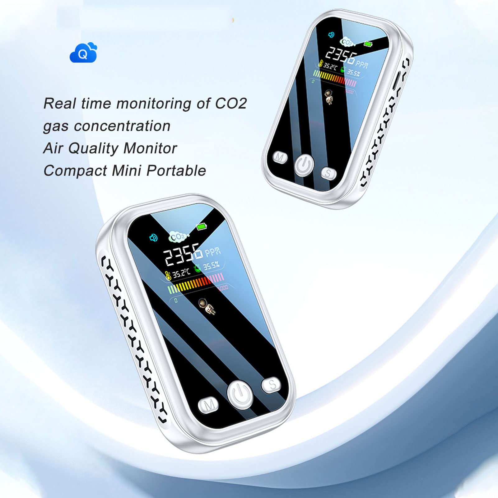 Détecteur de qualité de L'air, Détecteur de CO2 Détection NDIR Type C Testeur d'humidité de la Température de Compteur de CO2 Moniteur de qualité de L'air Portable (Blanc)