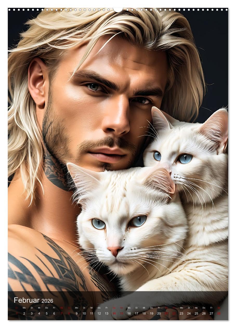 Verschmuste Kerle - Muskeln, Tattoos und Miezekatzen (hochwertiger Premium Wandkalender 2026 DIN A2 hoch), Kunstdruck in Hochglanz: Charmante Bilder ... unwiderstehlichen Samtpfoten (CALVENDO Tiere)
