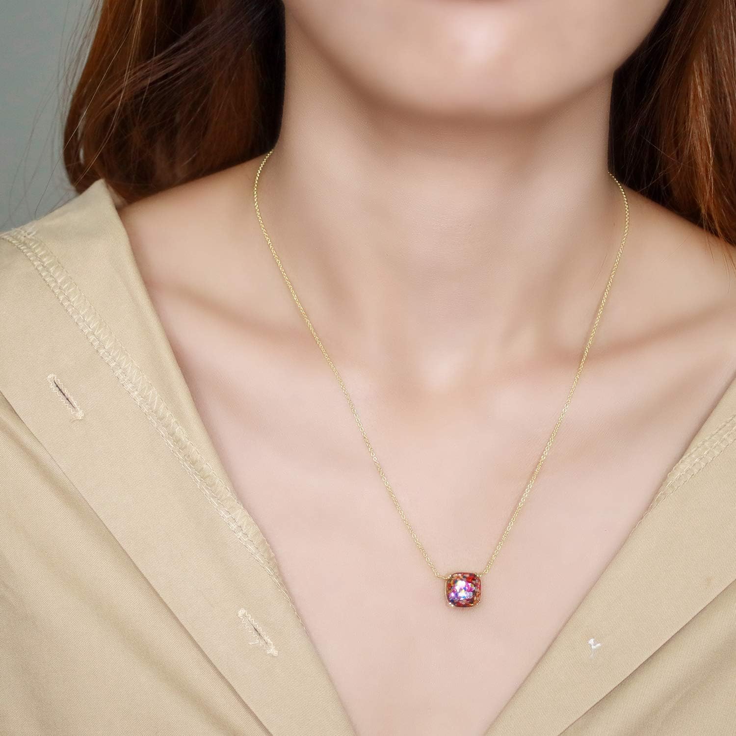 SEA OF ICE 925 Sterling Silver Faceted Glitter 10mm Square Cushion Cut Pendent Necklace for Women, 18 inch Christmas, New Year