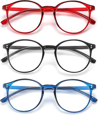 3 Pack Reading Glasses for women with 3 Colors, Round Eyeglasses, Black/Red/Blue, PC Frame, Clear Lens