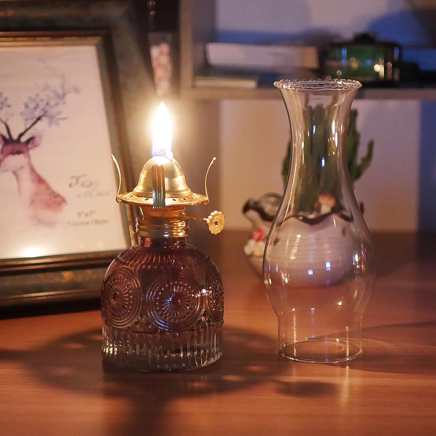 2 Pieces Oil Lamps for Indoor Use Gradient Brown Vintage Glass Clear Kerosene Lamp Indoor Decorative Hurricane Lamp Oil Lantern for Home Tabletop Emergency Lighting TYH