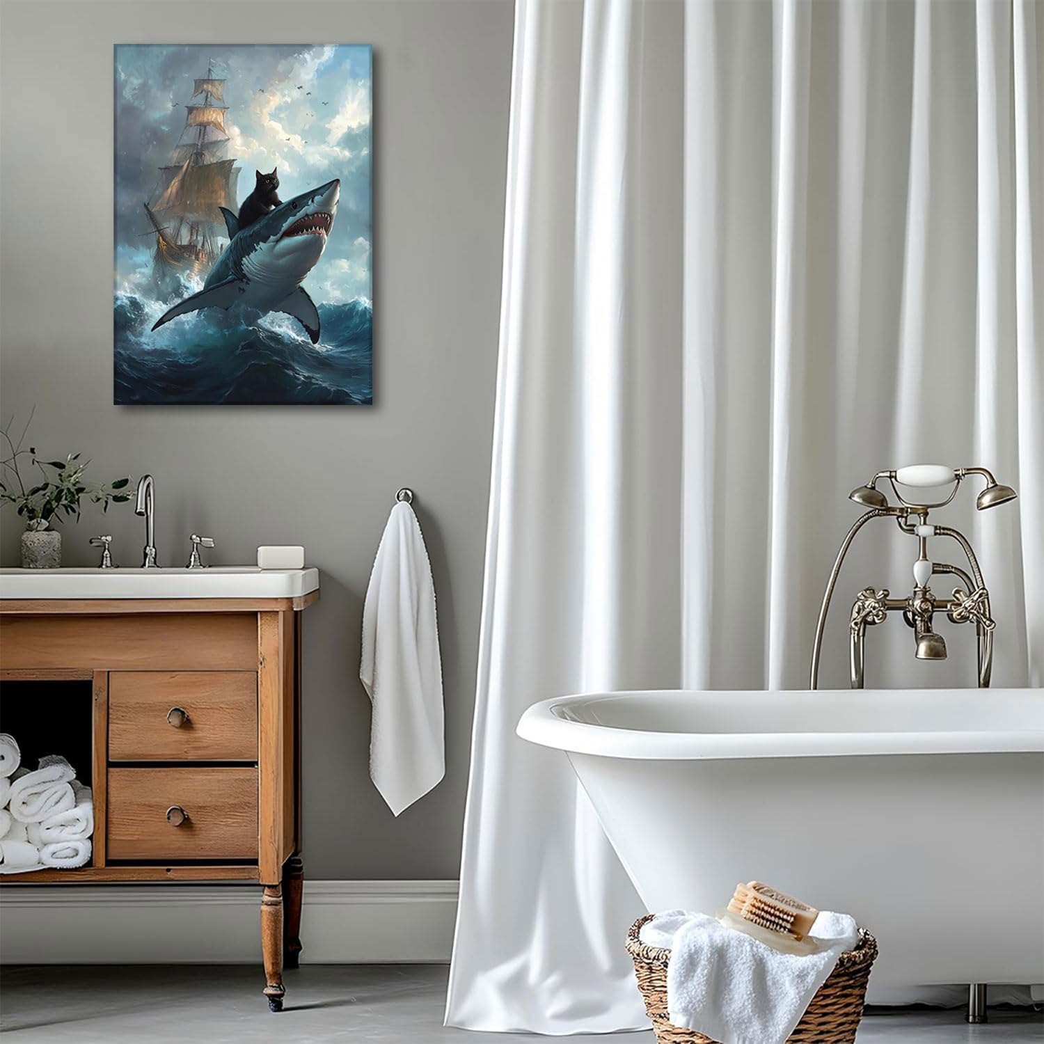 Framed Funny Black Cat Canvas Wall Art Quirky Cat Riding Shark Ocean Adventure Wall Decor Pictures Funny Animal Poster Prints for Living Room Bedroom Bathroom Home Decoration 16x24in