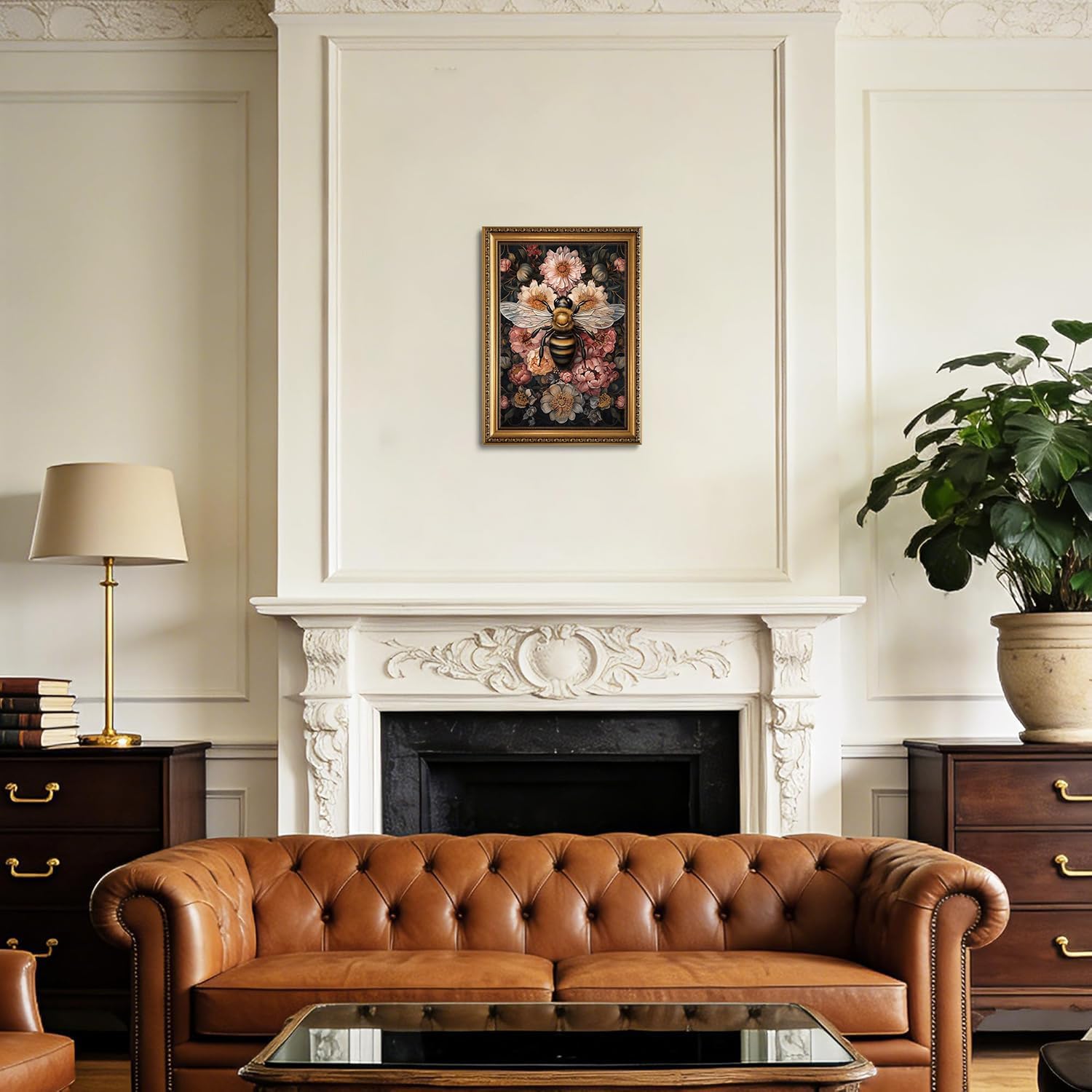 XJYISUO Vintage Gold Framed Wall Art Nature Botanical Wall Decor Bee Flowers Canvas Art Dark College Pictures Floral Paintings For Living Room Bedroom Study