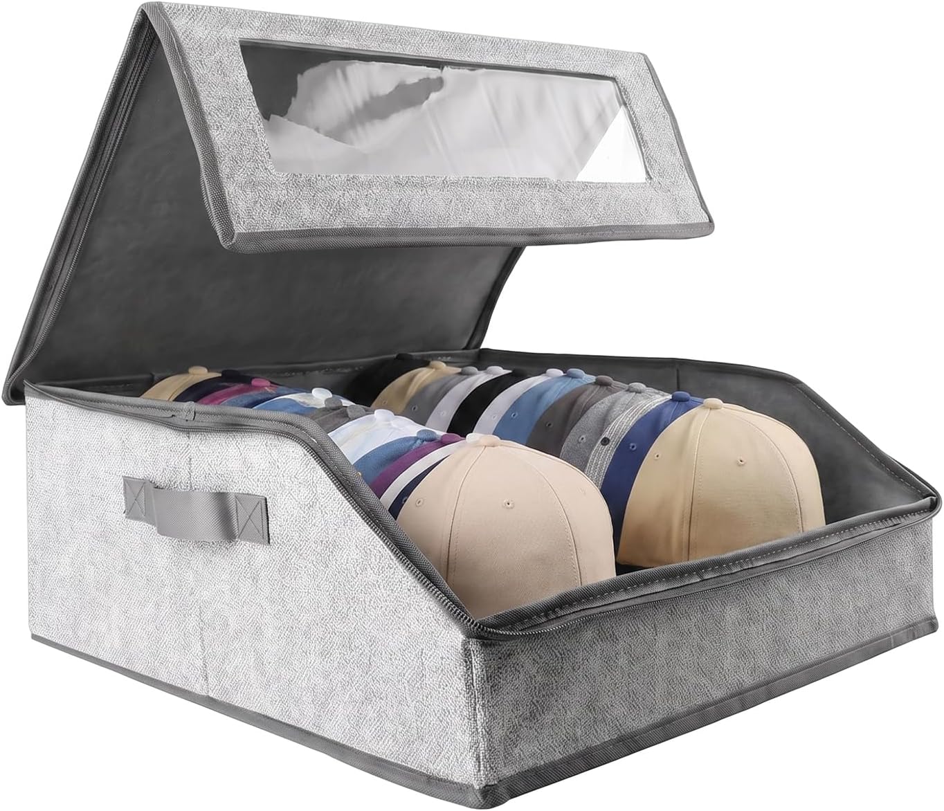 Hat Storage for Baseball Caps, Holds up to 24 Caps, Stackable Hat Organizer with 2 Handles & Clear Window, Dustproof Hat Box for Bedroom Closet