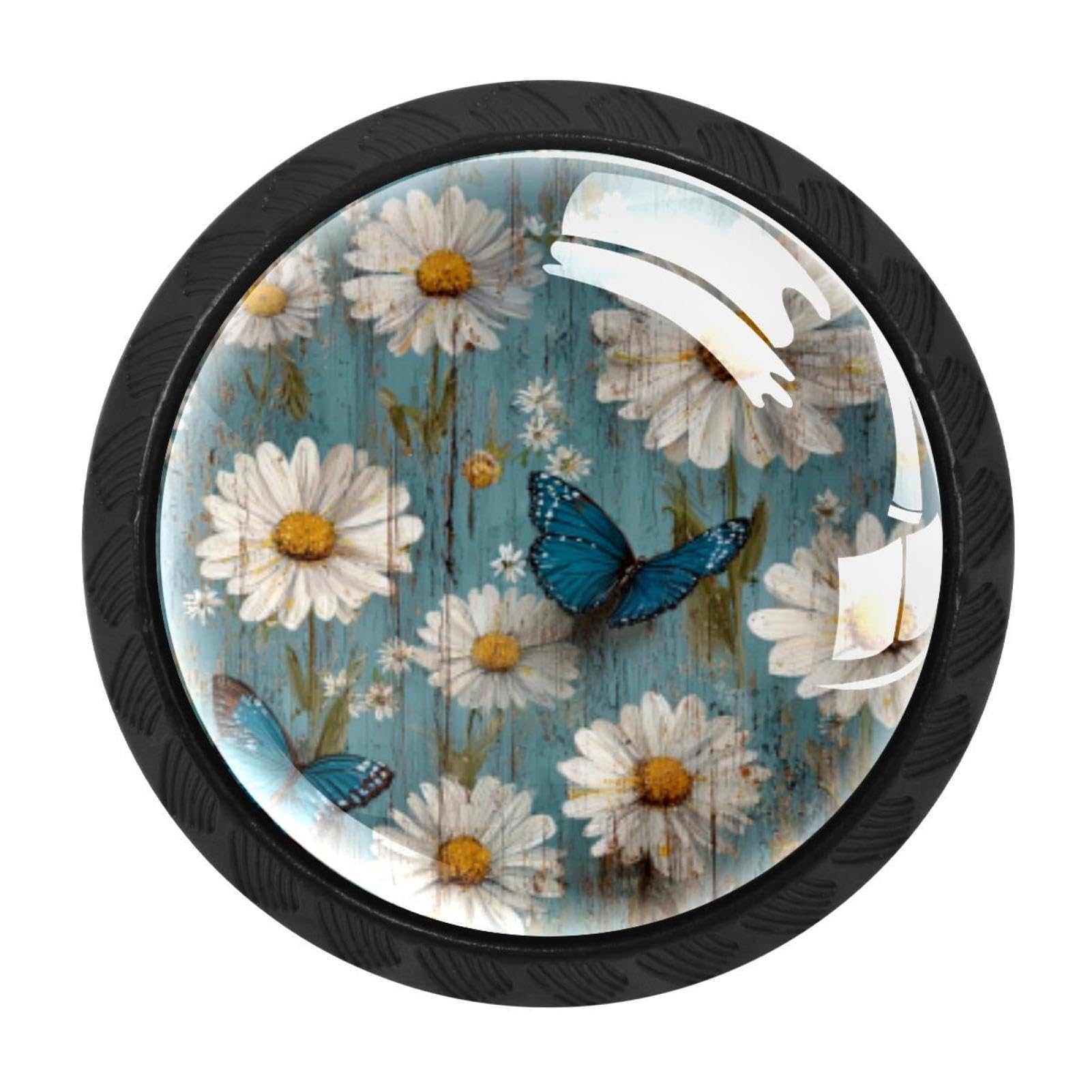CHENZZZZ 4 Pieces Dresser Knobs Rustic Teal Daisy Butterfly Farmhouse (2) Drawer knobs Cabinet Knobs Pull Handles for Home Kitchen Office