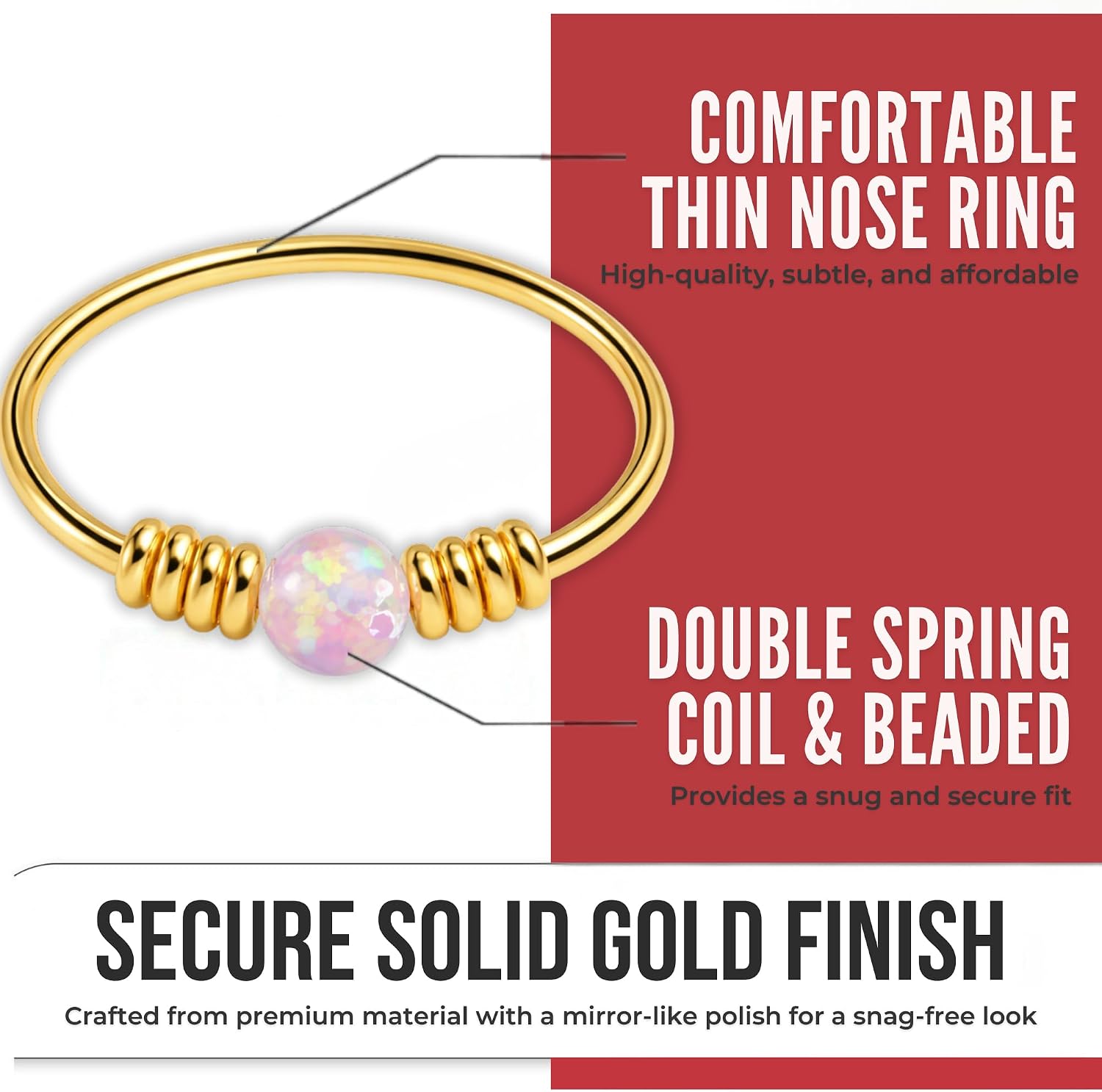 14K Solid Yellow Gold Opal Stone with Double Spring Coil 22 Gauge Hoop Nose Ring - Cartilage - Daith - Rook - Lobe - Conch Piercing Body Jewelry