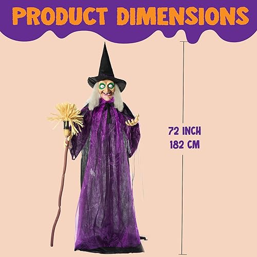 Miniatura 6 de JOYIN 72" Outdoor Halloween Decorations Witch Life Size Animated with LED Eyes and Creepy Sound, Radar Motion Activated Animatronics Clearance for
