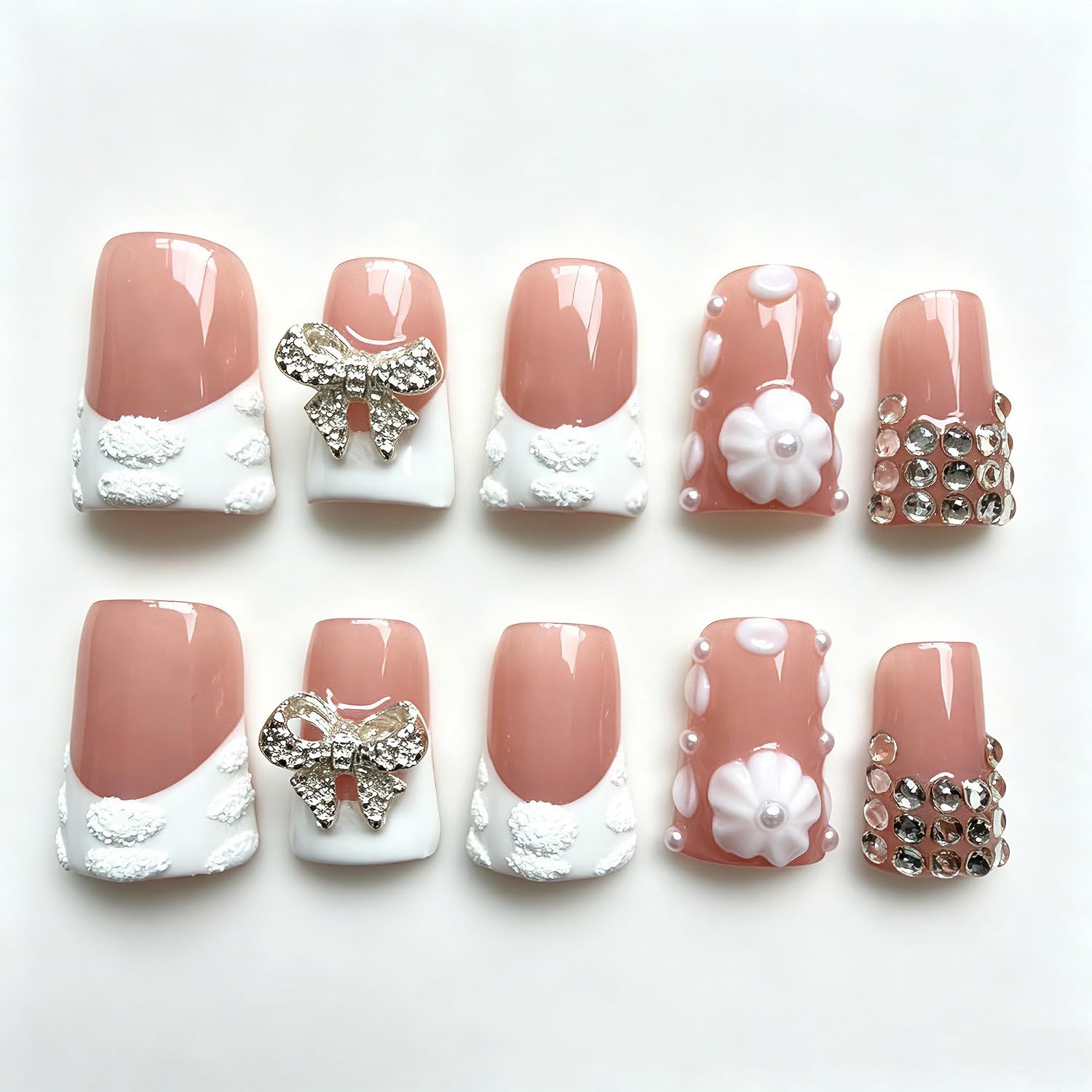 Handmade Short Duck Press on Nails, 3D Bridal Bow Art with White Lace Tips image 2