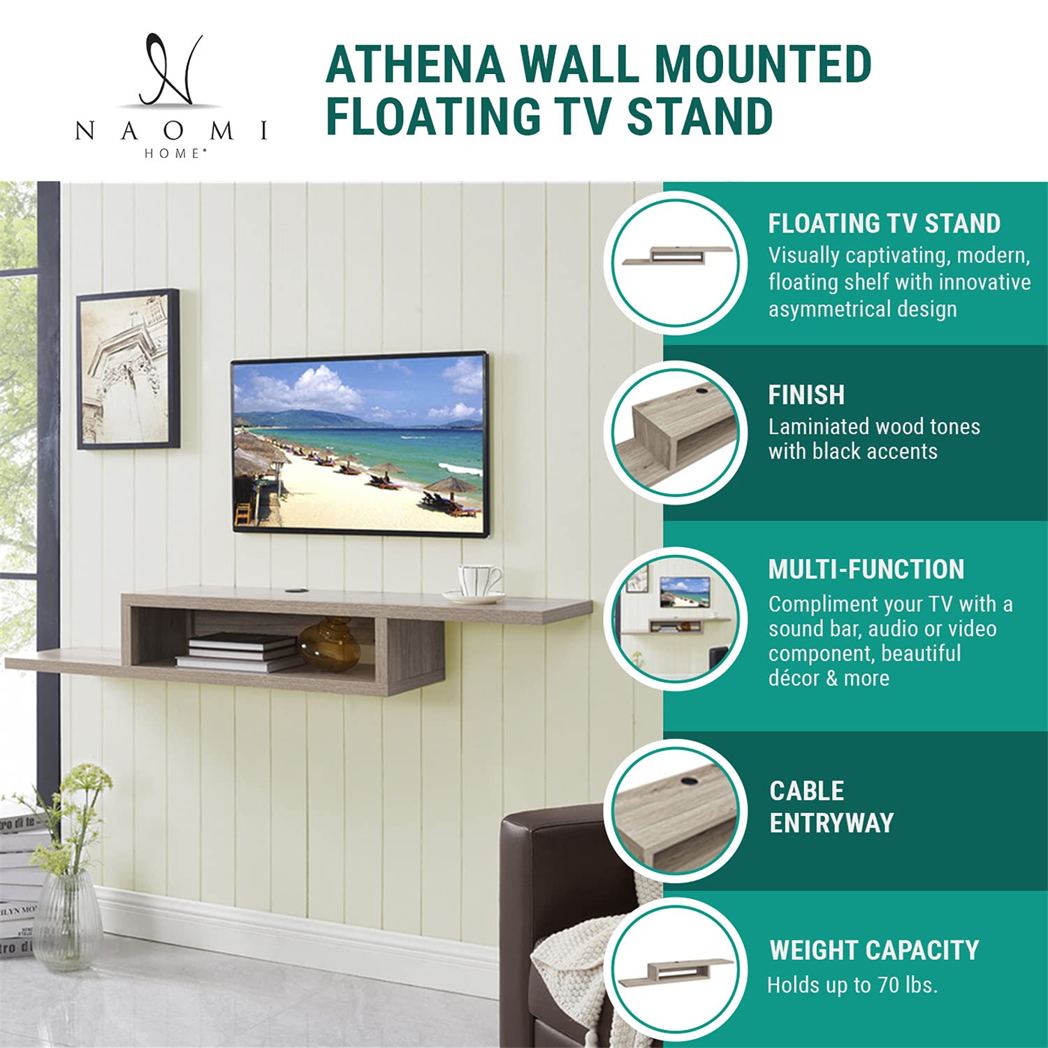 Athena Floating TV Stand Wall Mounted Floating Entertainment Center 65" TV Floating Shelf for