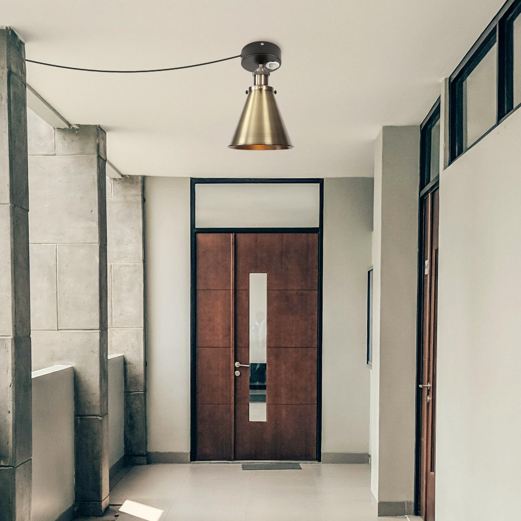 Plafoniera con sensore di movimento interno, lampada da soffitto in ferro industriale, sensore di movimento radar con cavo da 4,5 m e portalampada E27, per corridoio, bagno, scale, garage,